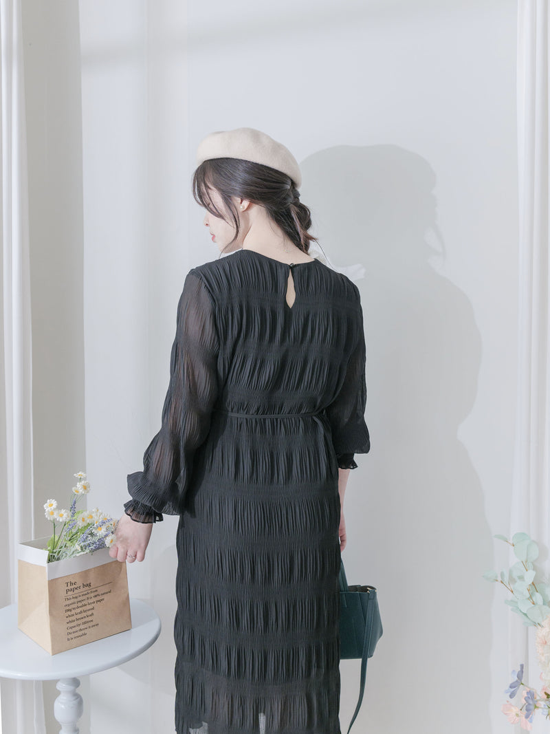 Ruffle Dress 雪紡全裡布皺紋細褶手袖修腰連身裙/ DS9990 (pre-order 10月9截單)