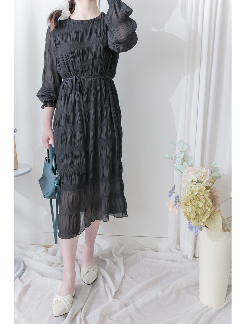 Ruffle Dress 雪紡全裡布皺紋細褶手袖修腰連身裙/ DS9990 (pre-order 10月9截單)