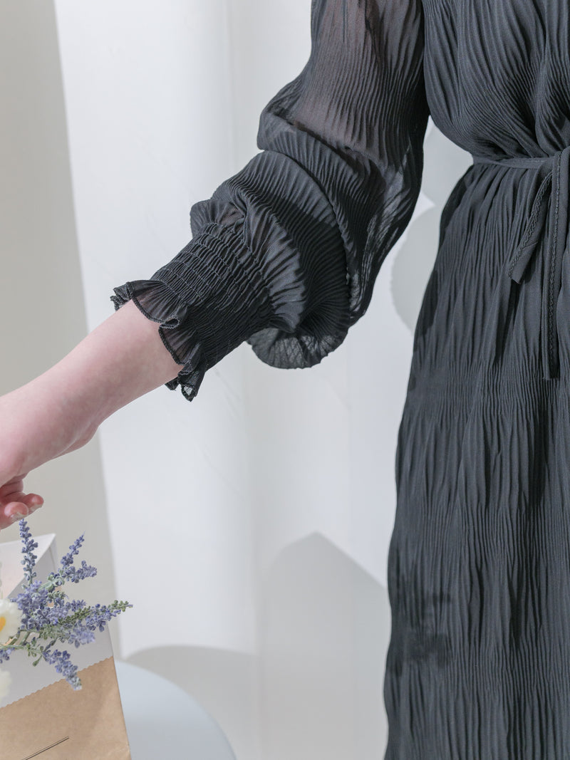 Ruffle Dress 雪紡全裡布皺紋細褶手袖修腰連身裙/ DS9990 (pre-order 10月9截單)
