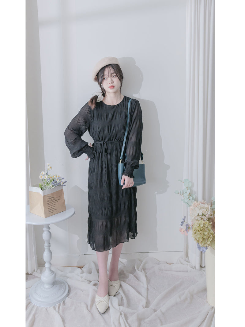 Ruffle Dress 雪紡全裡布皺紋細褶手袖修腰連身裙/ DS9990 (pre-order 10月9截單)