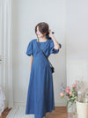 (後綁帶秒變高腰) Denim 牛仔色束高腰腰下車褶連身裙, Dress/ DS9634