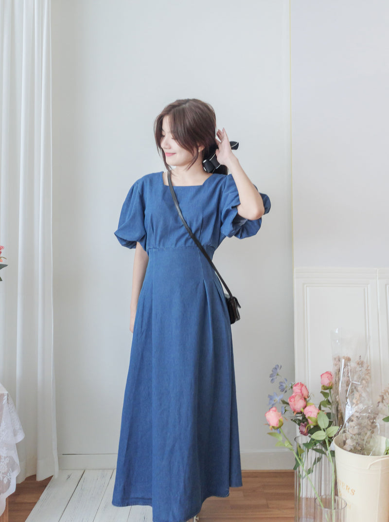 (後綁帶秒變高腰) Denim 牛仔色束高腰腰下車褶連身裙, Dress/ DS9634
