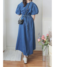 (後綁帶秒變高腰) Denim 牛仔色束高腰腰下車褶連身裙, Dress/ DS9634
