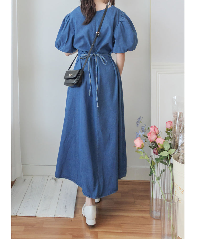 (後綁帶秒變高腰) Denim 牛仔色束高腰腰下車褶連身裙, Dress/ DS9634