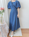 (後綁帶秒變高腰) Denim 牛仔色束高腰腰下車褶連身裙, Dress/ DS9634