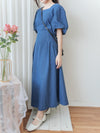 (後綁帶秒變高腰) Denim 牛仔色束高腰腰下車褶連身裙, Dress/ DS9634