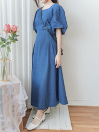 (後綁帶秒變高腰) Denim 牛仔色束高腰腰下車褶連身裙, Dress/ DS9634