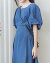 (後綁帶秒變高腰) Denim 牛仔色束高腰腰下車褶連身裙, Dress/ DS9634