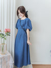 (後綁帶秒變高腰) Denim 牛仔色束高腰腰下車褶連身裙, Dress/ DS9634