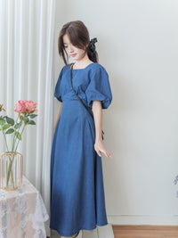 (後綁帶秒變高腰) Denim 牛仔色束高腰腰下車褶連身裙, Dress/ DS9634