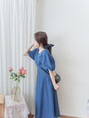(後綁帶秒變高腰) Denim 牛仔色束高腰腰下車褶連身裙, Dress/ DS9634