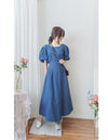 (後綁帶秒變高腰) Denim 牛仔色束高腰腰下車褶連身裙, Dress/ DS9634