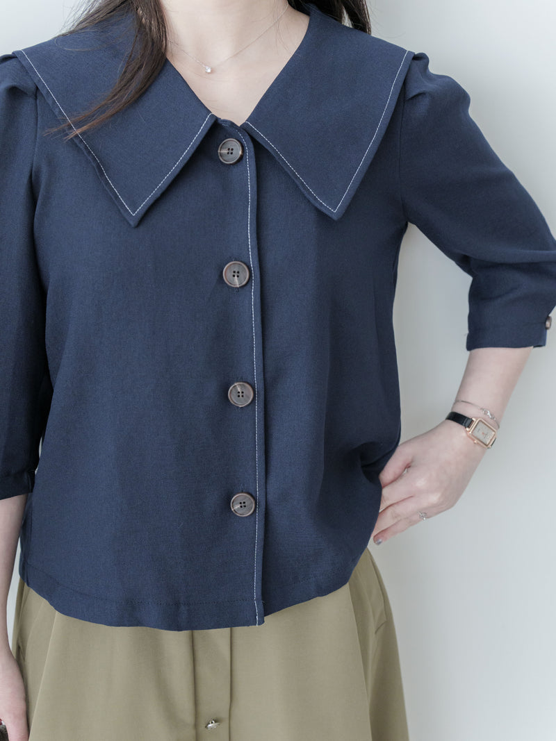 Navy Collar Blouse 特色領口設計感手袖上衣/ BU9120