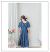 (後綁帶秒變高腰) Denim 牛仔色束高腰腰下車褶連身裙, Dress/ DS9634