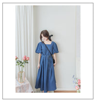 (後綁帶秒變高腰) Denim 牛仔色束高腰腰下車褶連身裙, Dress/ DS9634