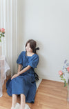 (後綁帶秒變高腰) Denim 牛仔色束高腰腰下車褶連身裙, Dress/ DS9634