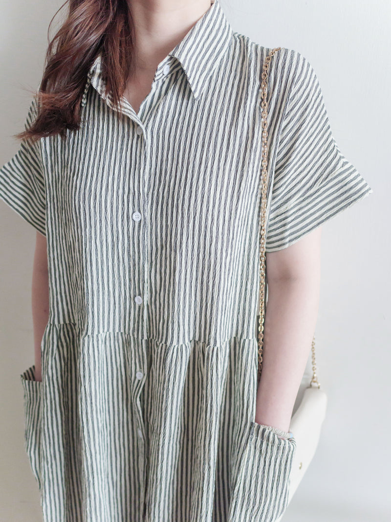 （寬鬆高腰線) Stripe Shirt, Dress 直紋高腰線防皺隨性口袋連身裙/ DS9626