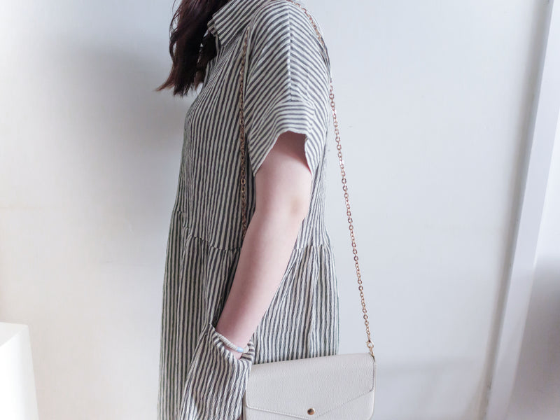 （寬鬆高腰線) Stripe Shirt, Dress 直紋高腰線防皺隨性口袋連身裙/ DS9626