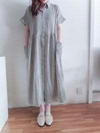 （寬鬆高腰線) Stripe Shirt, Dress 直紋高腰線防皺隨性口袋連身裙/ DS9626