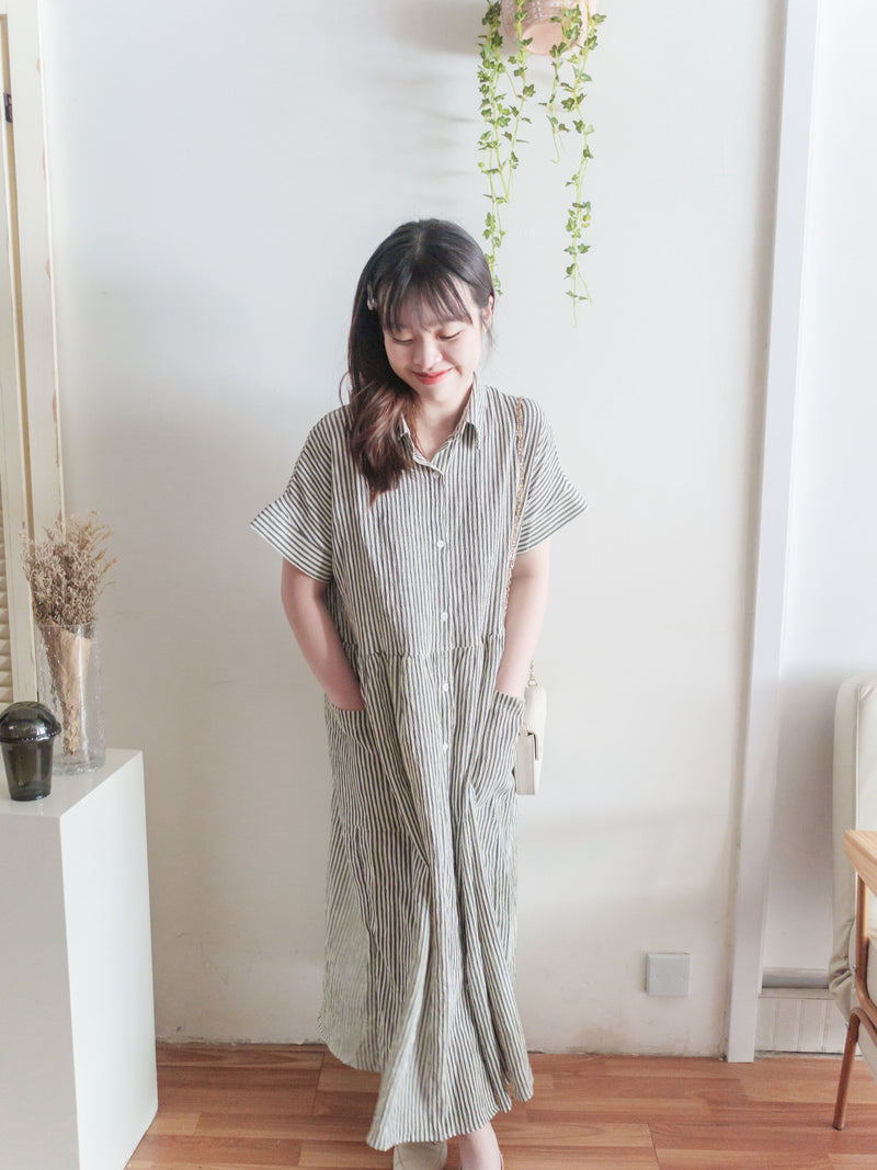 （寬鬆高腰線) Stripe Shirt, Dress 直紋高腰線防皺隨性口袋連身裙/ DS9626