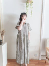 （寬鬆高腰線) Stripe Shirt, Dress 直紋高腰線防皺隨性口袋連身裙/ DS9626