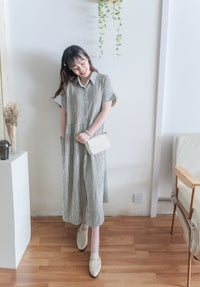 （寬鬆高腰線) Stripe Shirt, Dress 直紋高腰線防皺隨性口袋連身裙/ DS9626