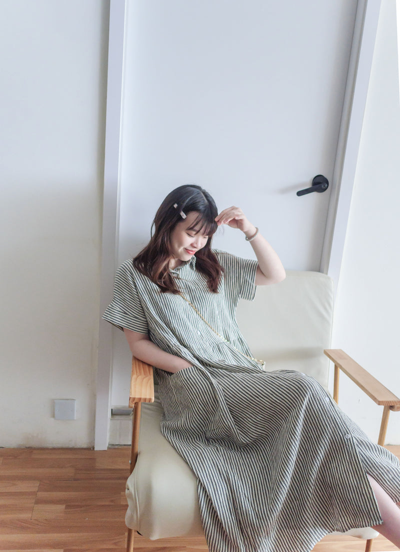 （寬鬆高腰線) Stripe Shirt, Dress 直紋高腰線防皺隨性口袋連身裙/ DS9626