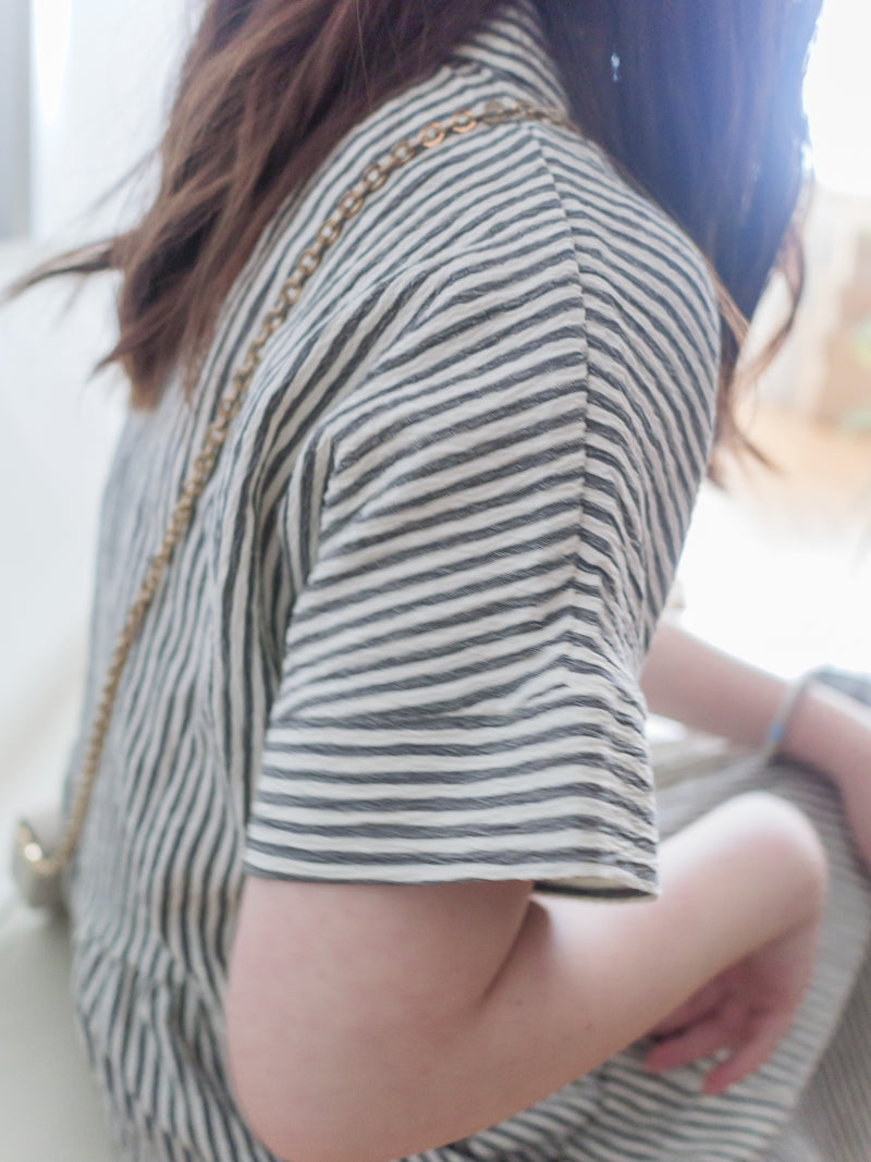 （寬鬆高腰線) Stripe Shirt, Dress 直紋高腰線防皺隨性口袋連身裙/ DS9626