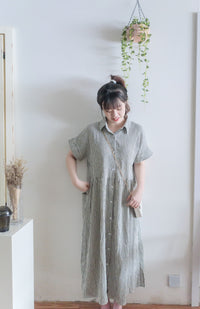 （寬鬆高腰線) Stripe Shirt, Dress 直紋高腰線防皺隨性口袋連身裙/ DS9626