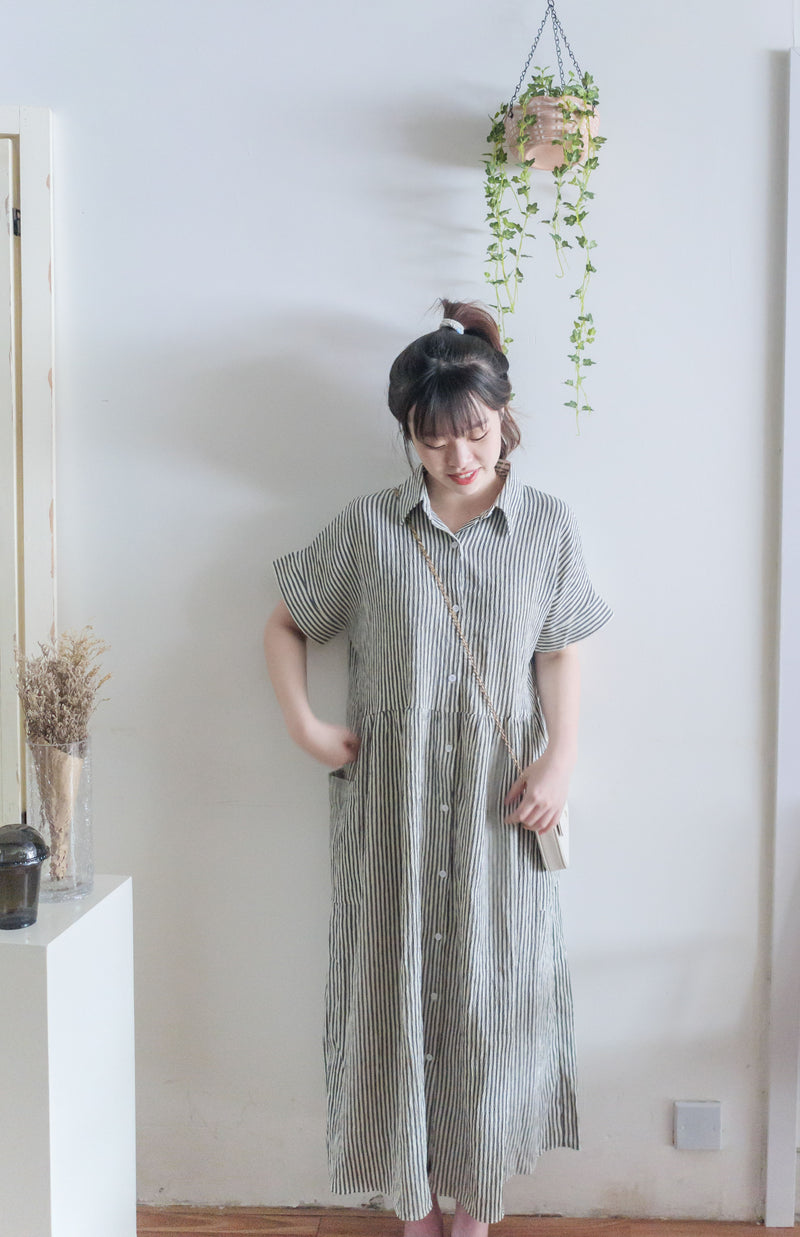 （寬鬆高腰線) Stripe Shirt, Dress 直紋高腰線防皺隨性口袋連身裙/ DS9626