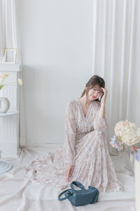 Alice Floral Dress 水彩印花疊V領雪紡層次連身裙/ DS1002 (pre-order white)