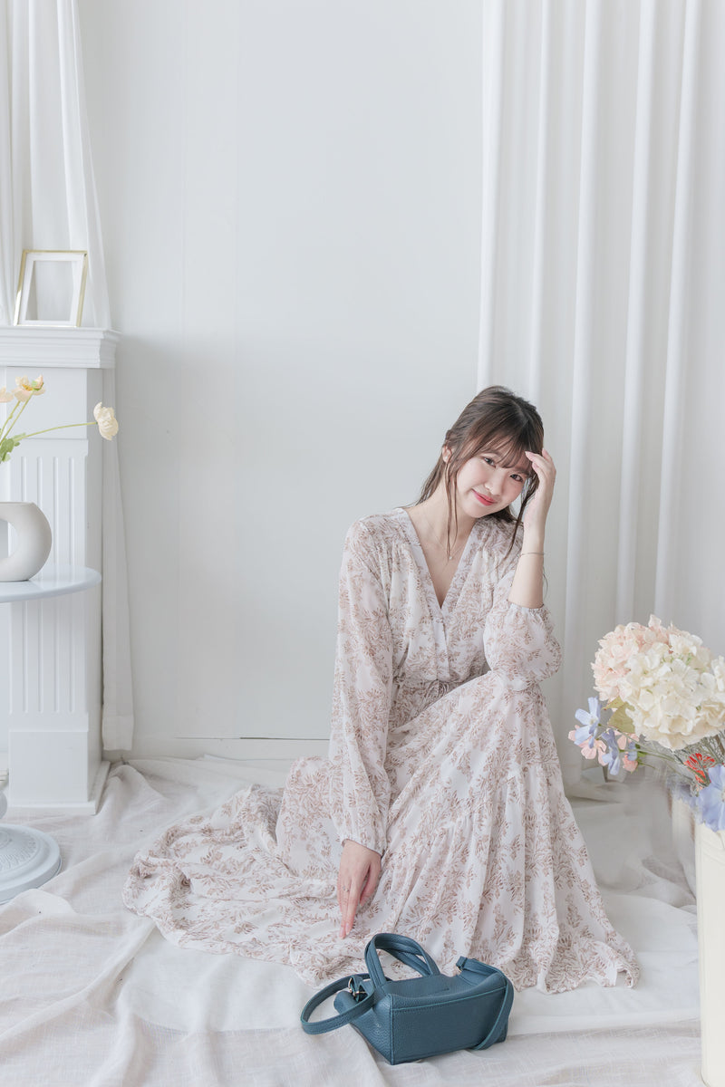 Alice Floral Dress 水彩印花疊V領雪紡層次連身裙/ DS1002 (pre-order white)