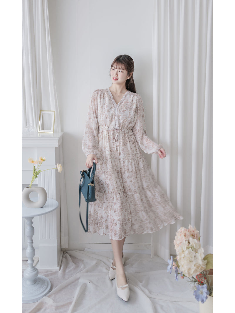 Alice Floral Dress 水彩印花疊V領雪紡層次連身裙/ DS1002 (pre-order white)