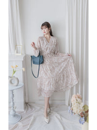 Alice Floral Dress 水彩印花疊V領雪紡層次連身裙/ DS1002 (pre-order white)