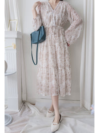 Alice Floral Dress 水彩印花疊V領雪紡層次連身裙/ DS1002 (pre-order white)
