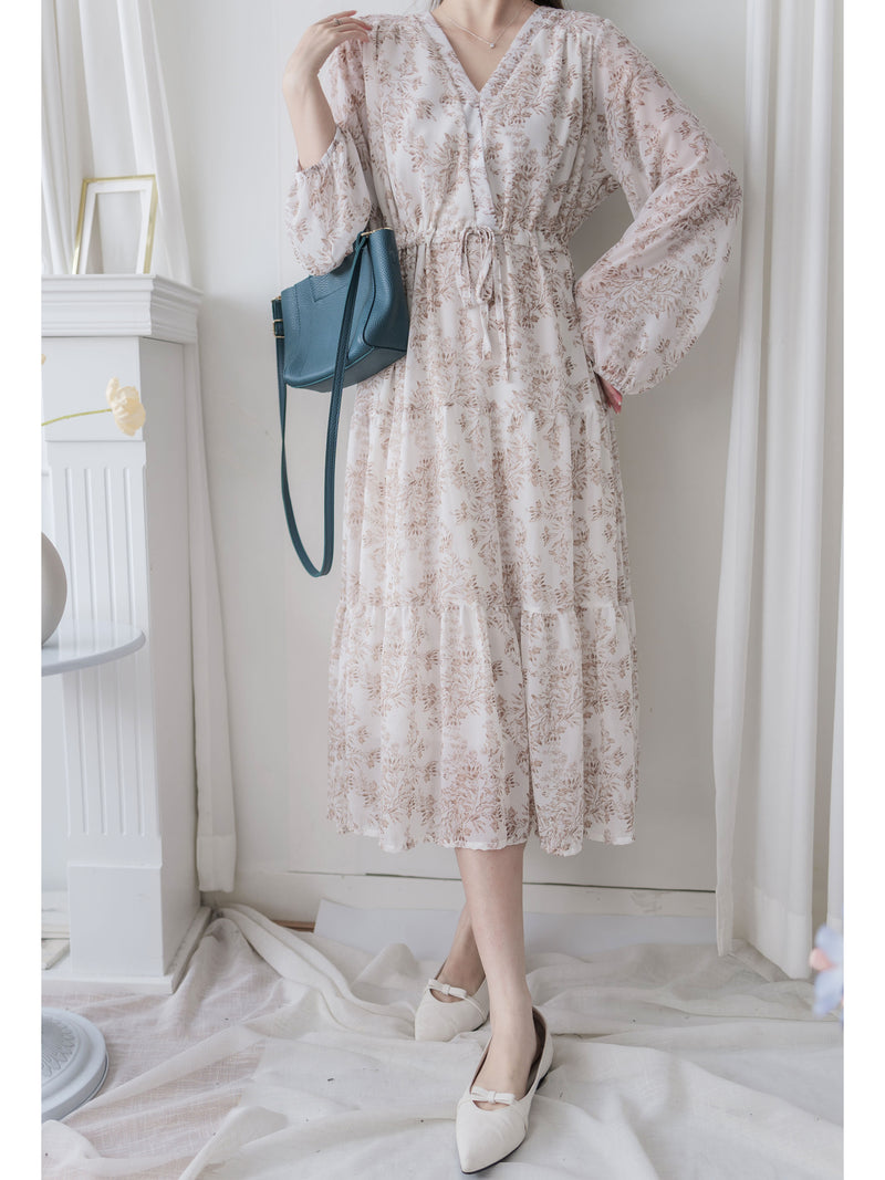 Alice Floral Dress 水彩印花疊V領雪紡層次連身裙/ DS1002 (pre-order white)