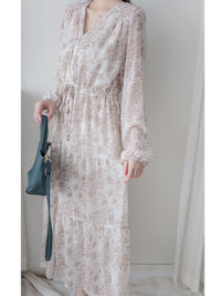 Alice Floral Dress 水彩印花疊V領雪紡層次連身裙/ DS1002 (pre-order white)