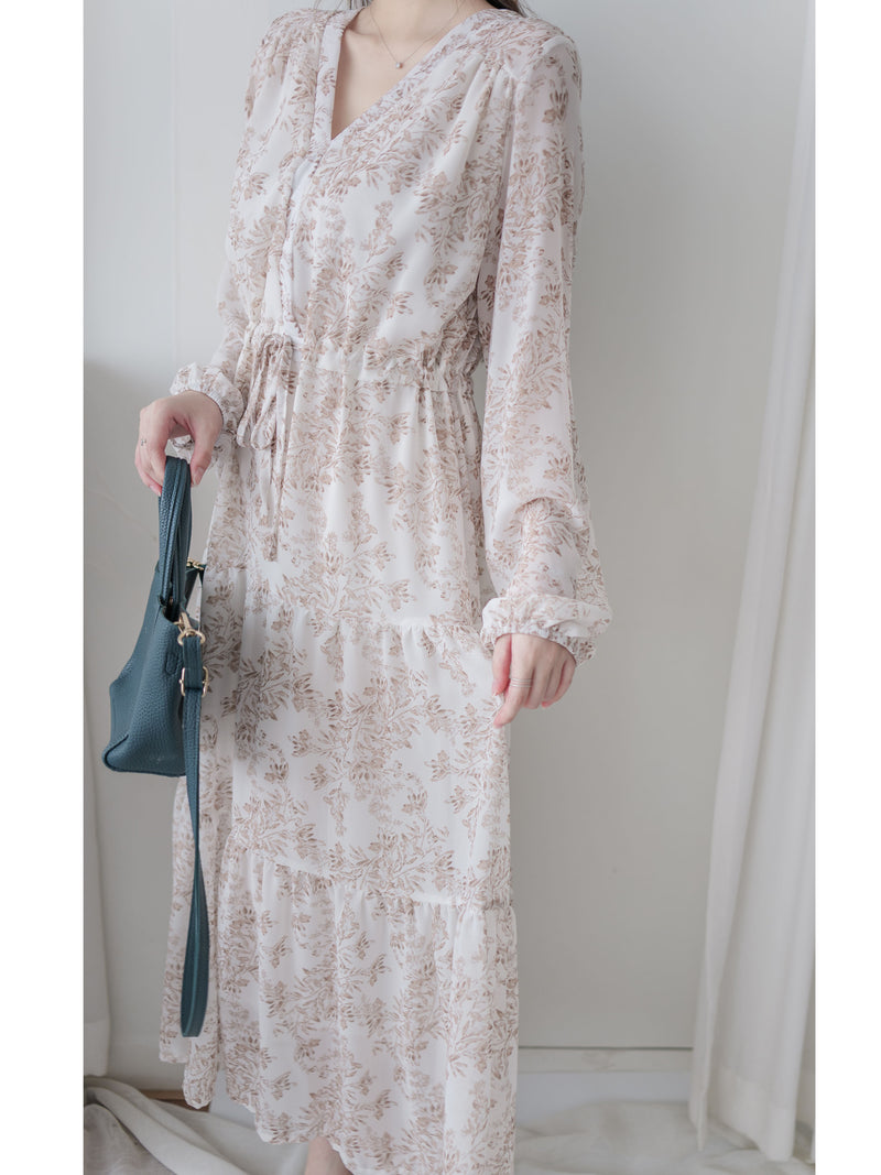 Alice Floral Dress 水彩印花疊V領雪紡層次連身裙/ DS1002 (pre-order white)