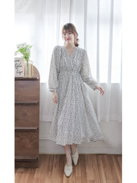 Shadow Dress 黑白花朵印花高腰弧腰身修腰連身裙/ DS1007