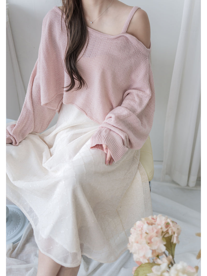 Crop Knit Top 短版斜肩設計吊帶針織/ TP9194