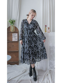 Alice Floral Dress 水彩印花疊V領雪紡層次連身裙/ DS1002 (pre-order white)