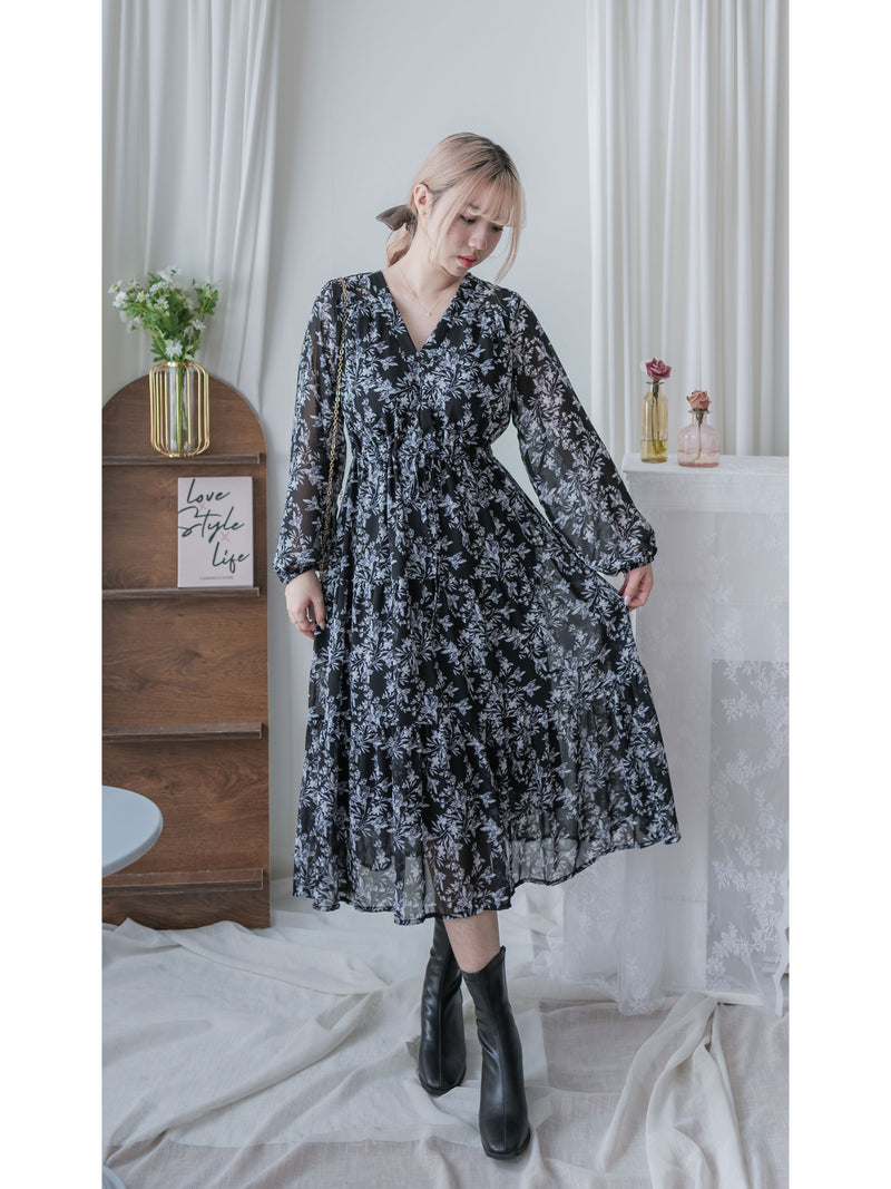 Alice Floral Dress 水彩印花疊V領雪紡層次連身裙/ DS1002 (pre-order white)
