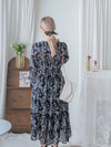 Alice Floral Dress 水彩印花疊V領雪紡層次連身裙/ DS1002 (pre-order white)