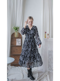 Alice Floral Dress 水彩印花疊V領雪紡層次連身裙/ DS1002 (pre-order white)