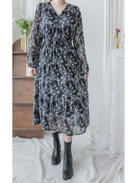 Alice Floral Dress 水彩印花疊V領雪紡層次連身裙/ DS1002 (pre-order white)