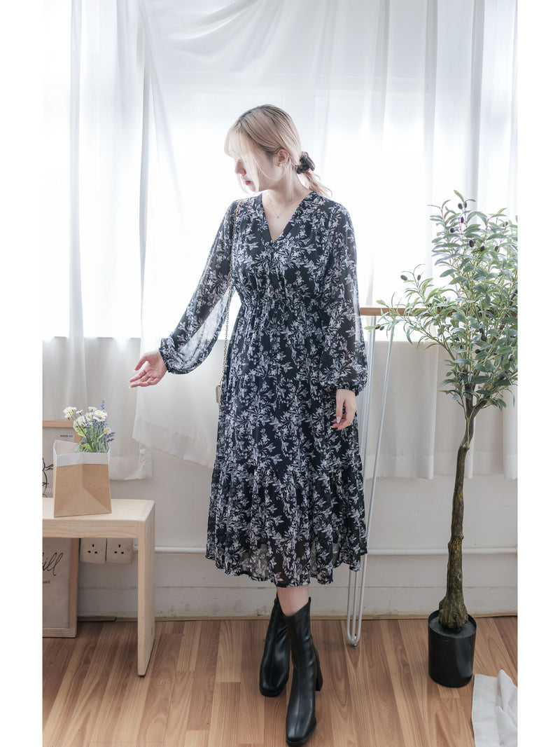 Alice Floral Dress 水彩印花疊V領雪紡層次連身裙/ DS1002 (pre-order white)