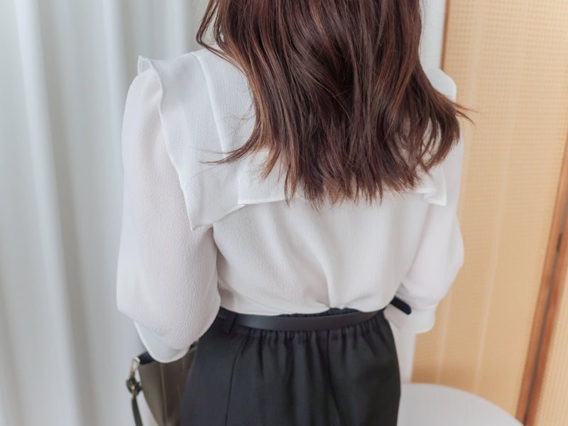 (不透肉雪紡) My ruffle Pearl, Blouse 不透肉雪紡立體荷葉珍珠手袖上衣/ BU9059