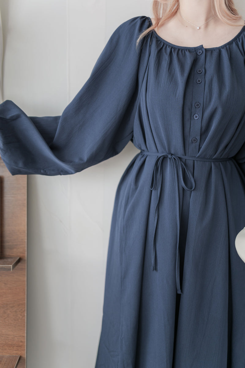 Moonlight Navy Dress 特色鈕扣設計修腰連身裙/ DS1008