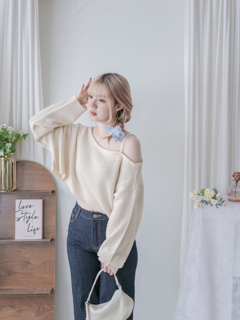 Crop Knit Top 短版斜肩設計吊帶針織/ TP9194