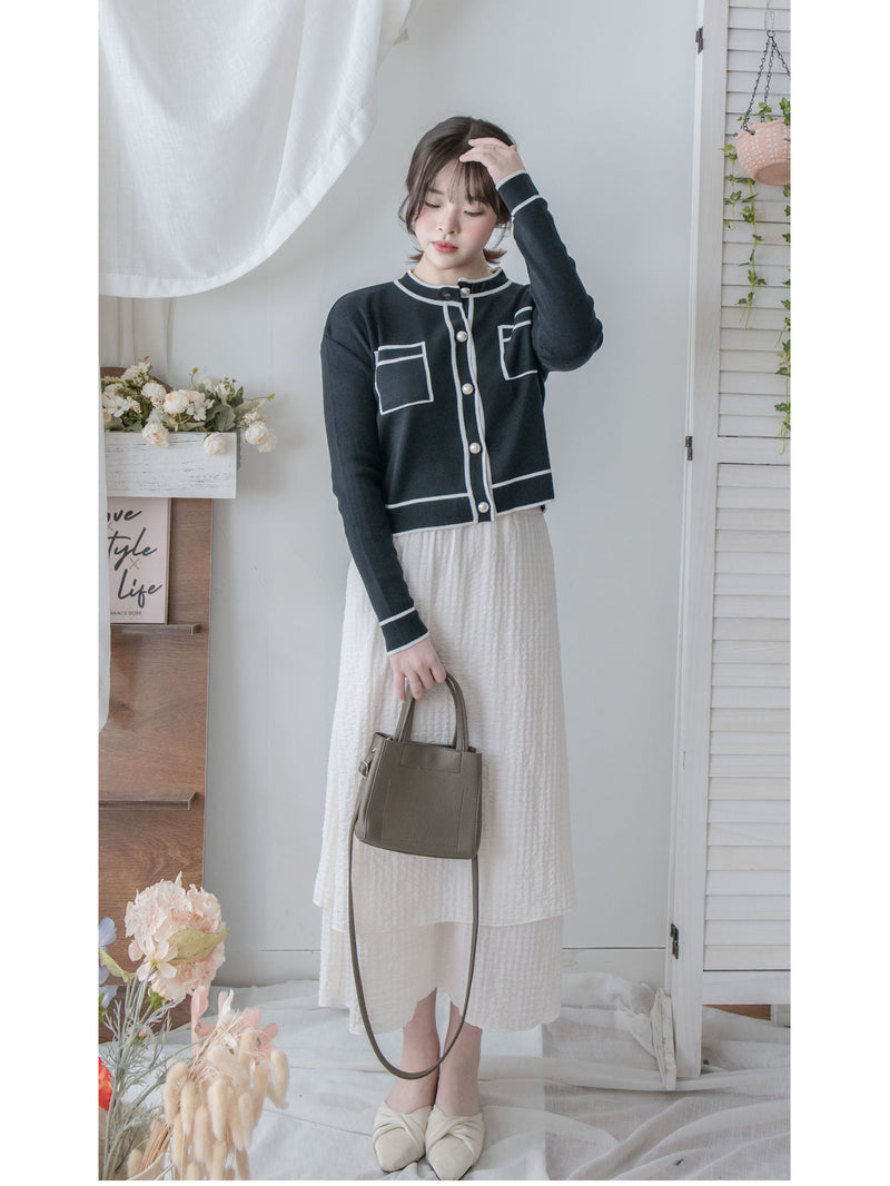 Coco Pearl Cardigan & Top 光澤珍珠鈕白黑滾邊外套或上衣 /TP9192
